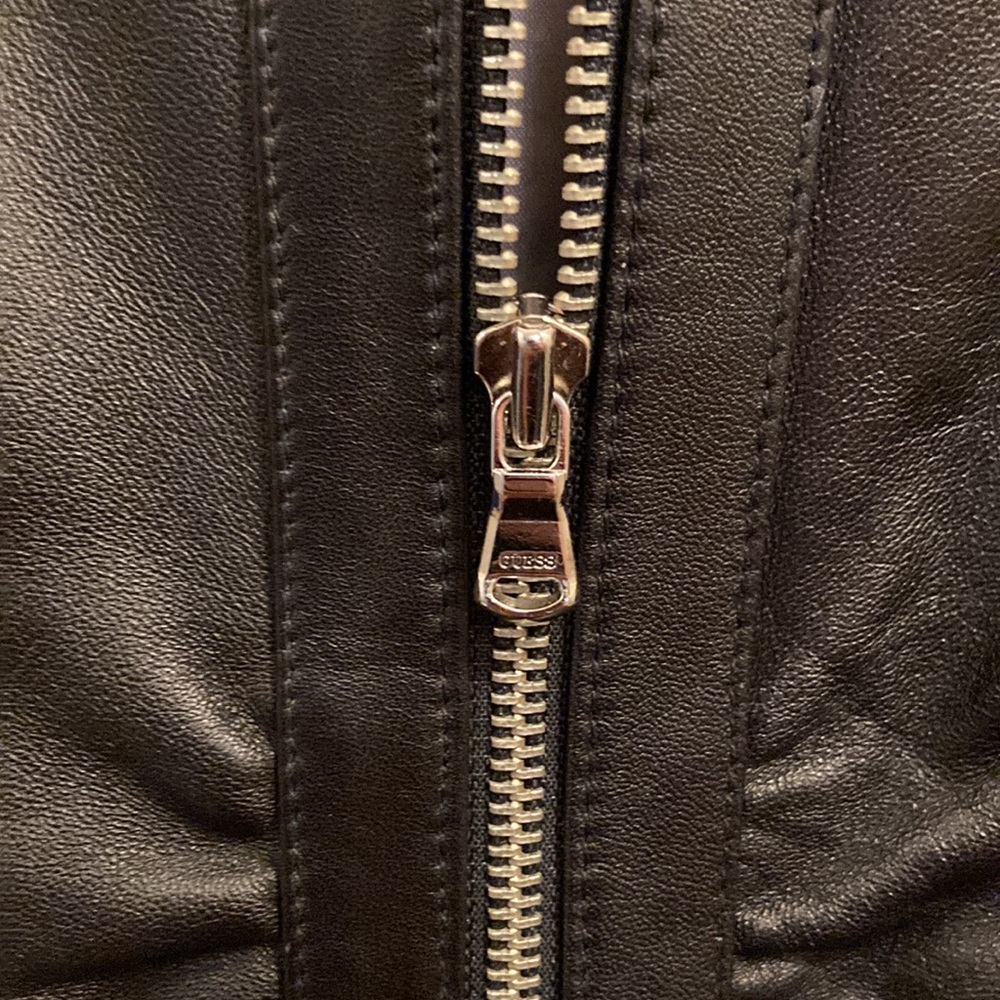 Guess genuine leather coat ruching on front and large knit collar size M GUC - Picture 6 of 13